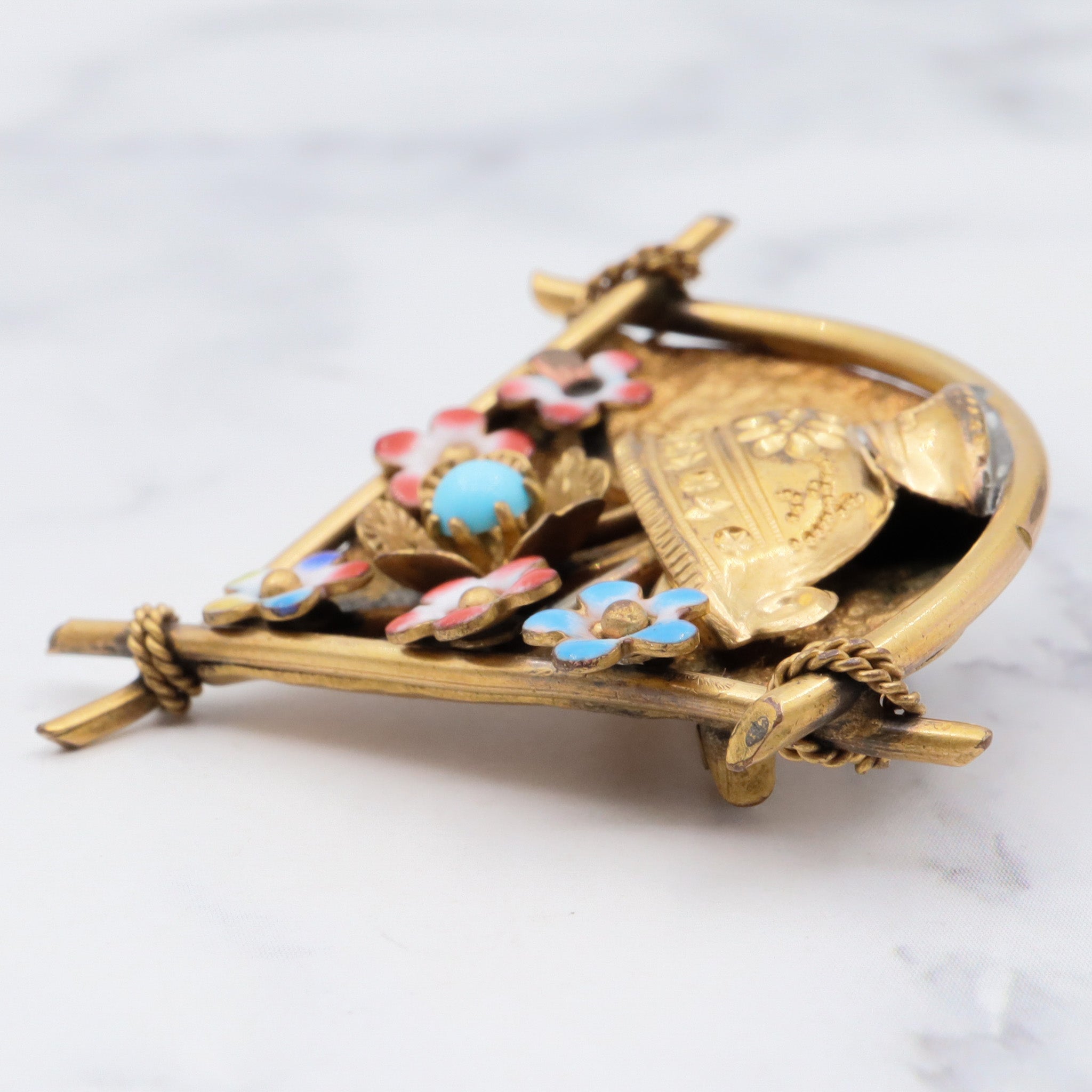 Antique victorian pinch back and enamel flower vase brooch